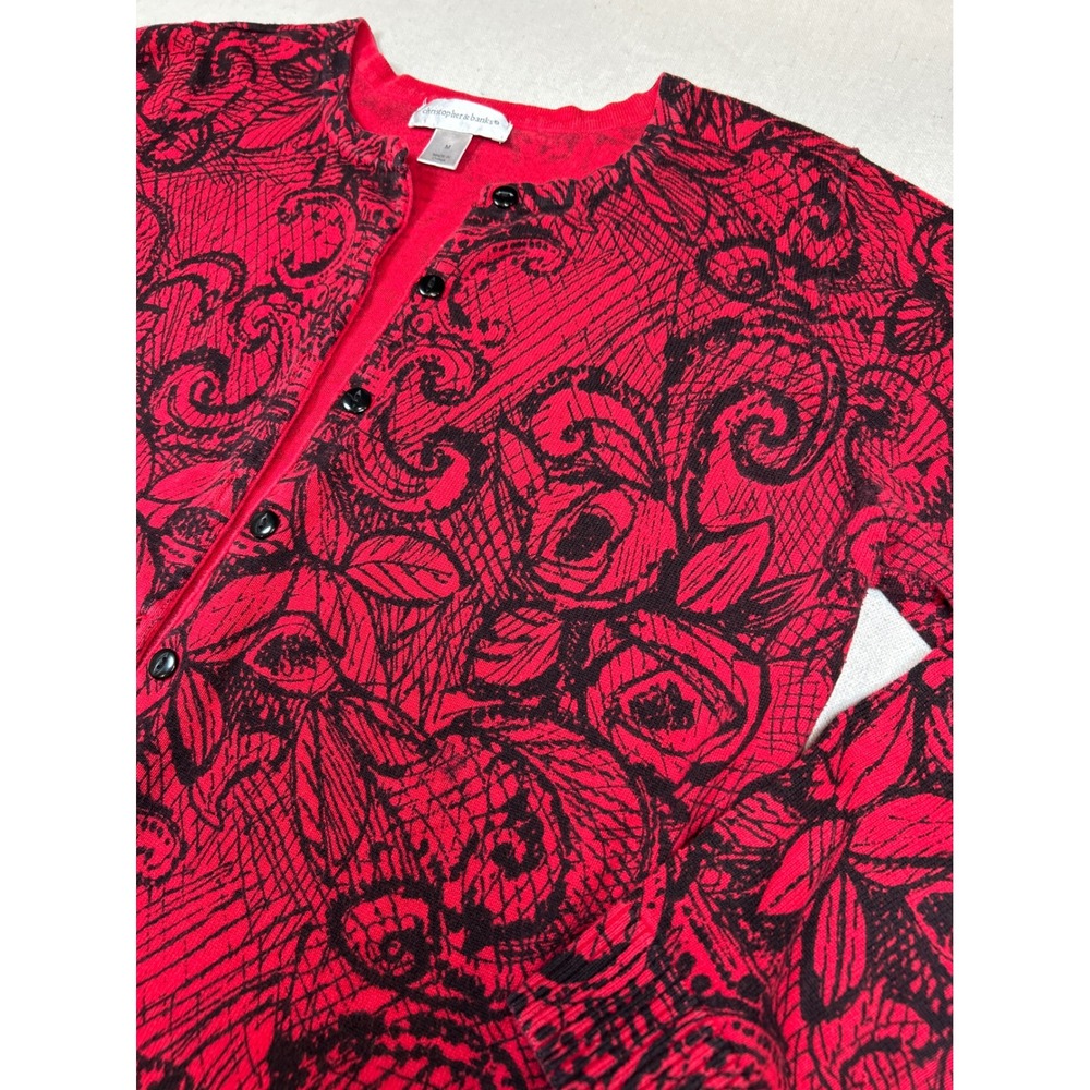Christopher & Banks Womens Red Black Floral Lace Print Cotton Cardigan Sweater M